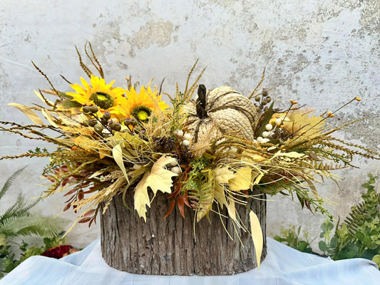 FALL CENTERPIECE IN LOG CONTAINER