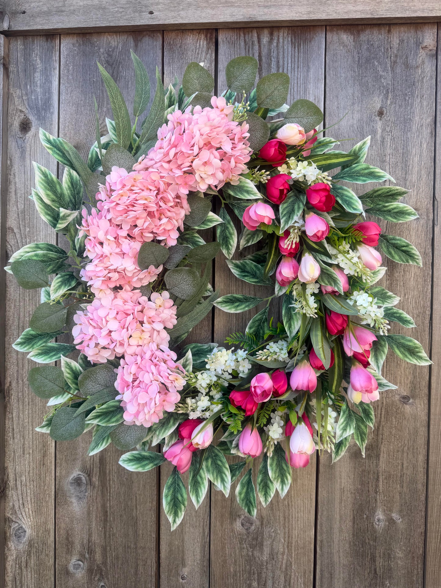 PINK HYDRANGEA AND TULIP GRAPEVINE WREATH