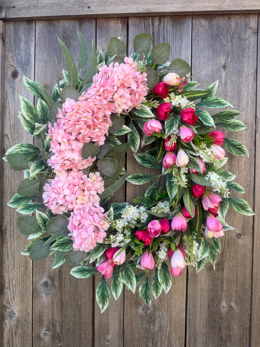 PINK HYDRANGEA AND TULIP GRAPEVINE WREATH