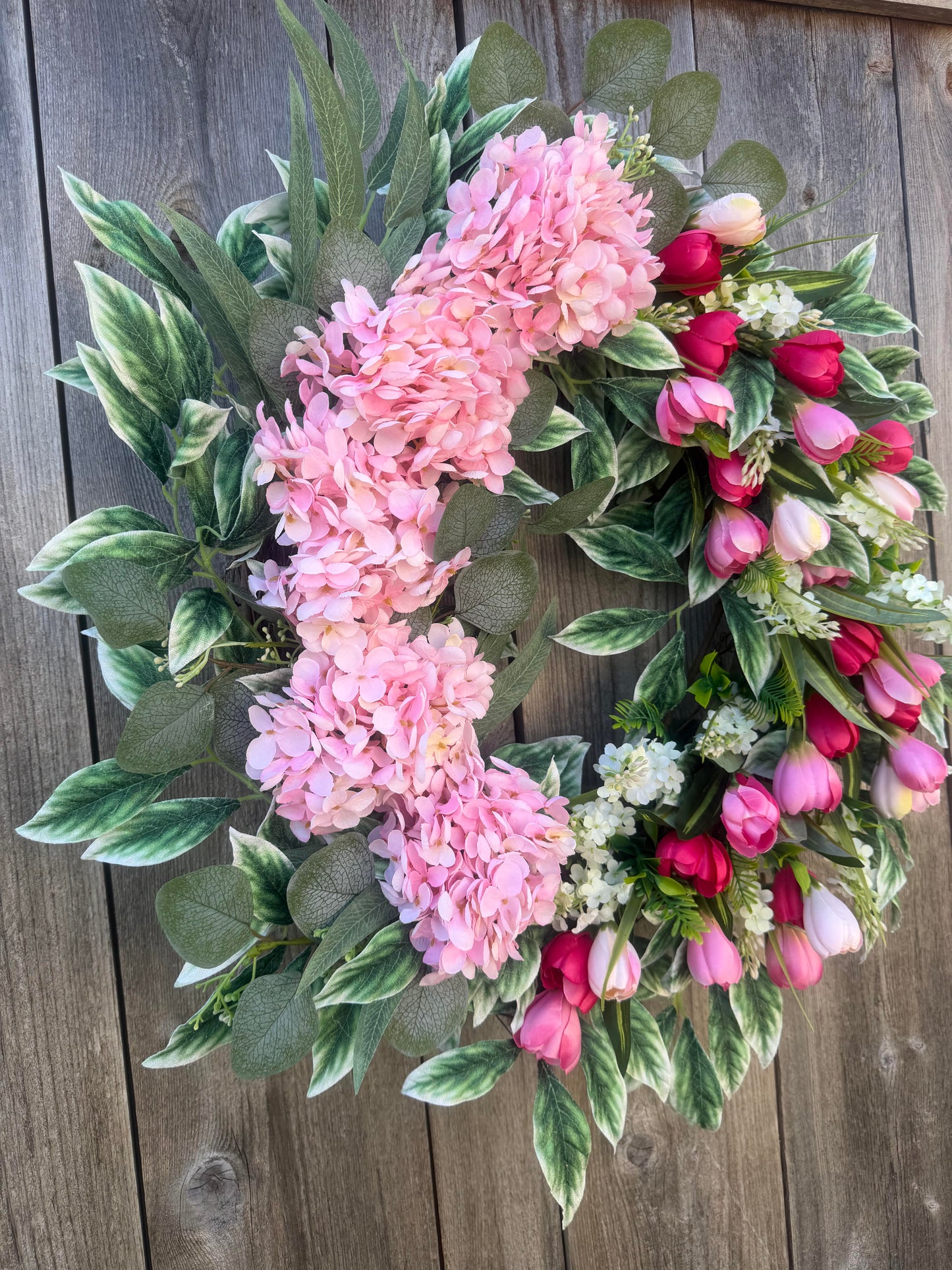 PINK HYDRANGEA AND TULIP GRAPEVINE WREATH