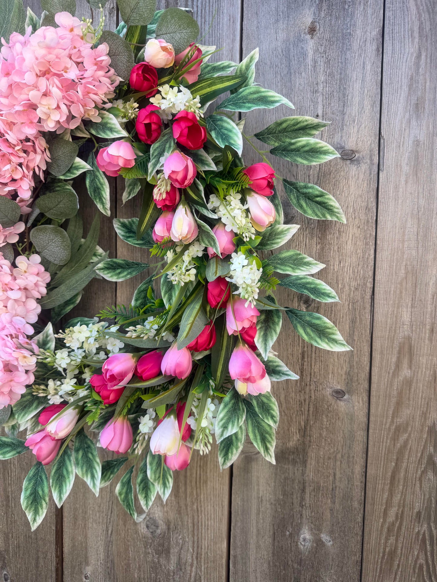 PINK HYDRANGEA AND TULIP GRAPEVINE WREATH