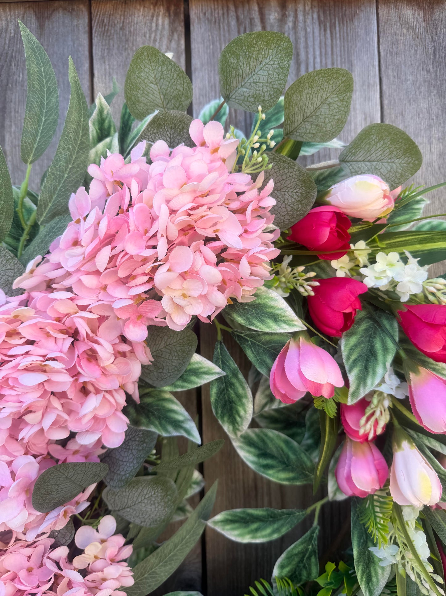 PINK HYDRANGEA AND TULIP GRAPEVINE WREATH