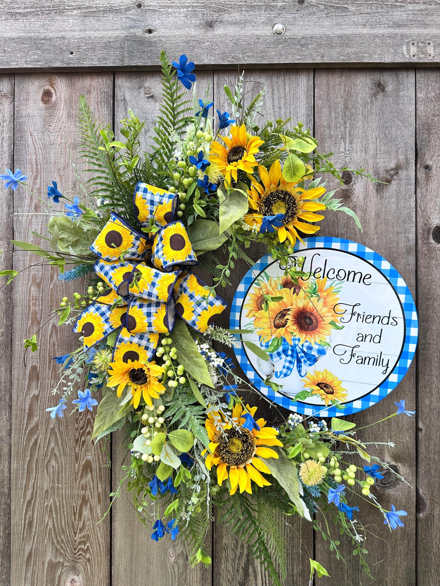 BLUE, WHITE, AND YELLOW SUNFLOWER WREATH