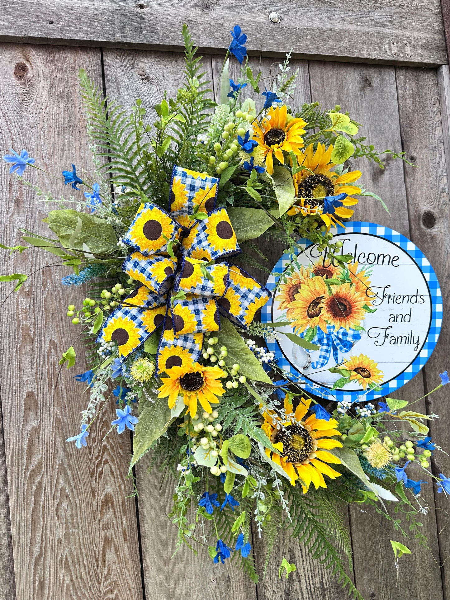 BLUE, WHITE, AND YELLOW SUNFLOWER WREATH