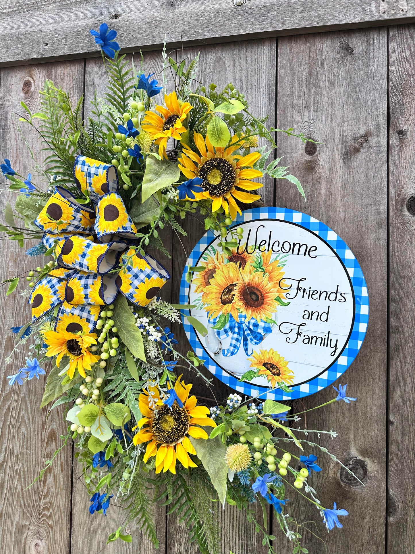 BLUE, WHITE, AND YELLOW SUNFLOWER WREATH