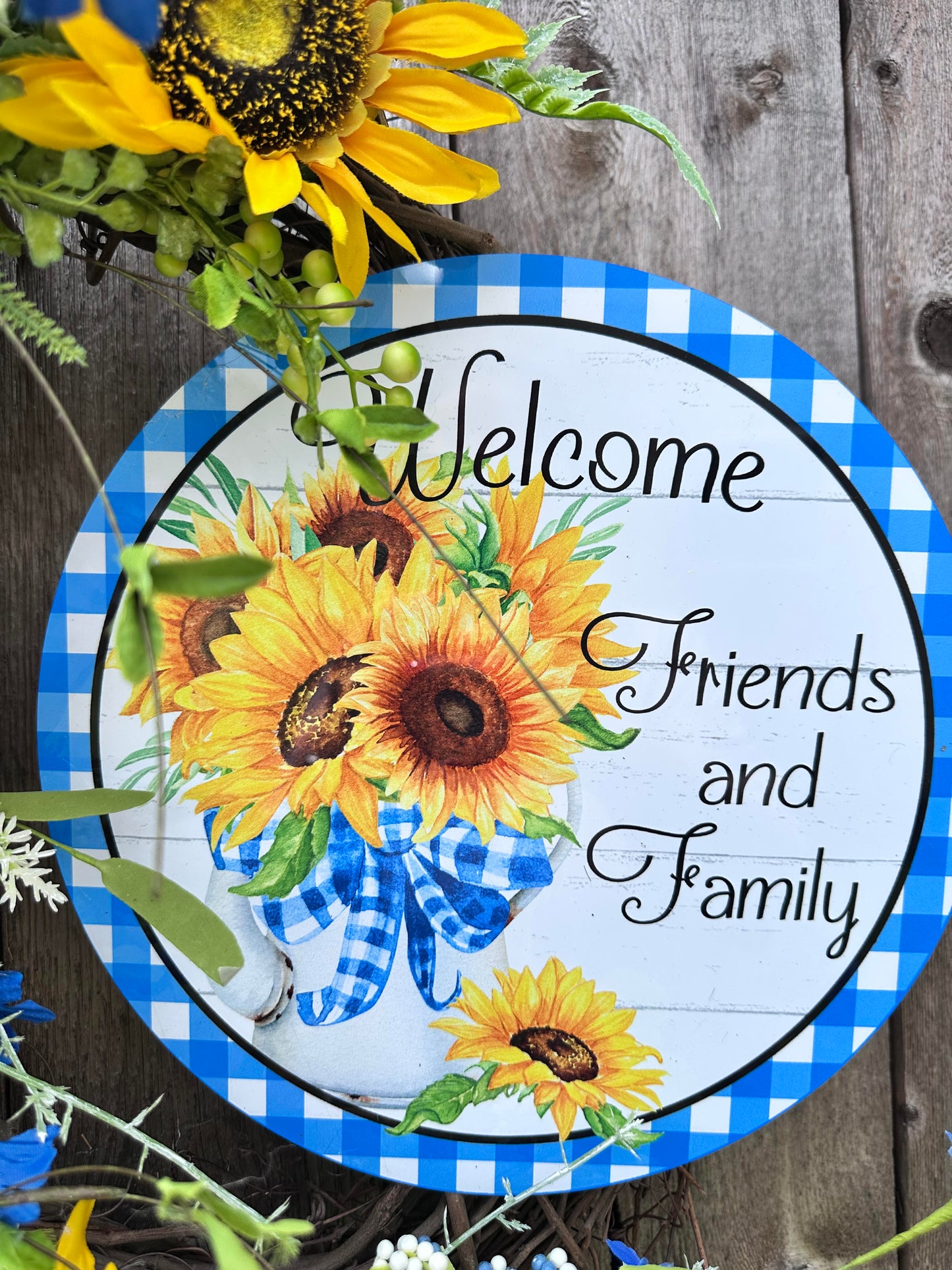 BLUE, WHITE, AND YELLOW SUNFLOWER WREATH
