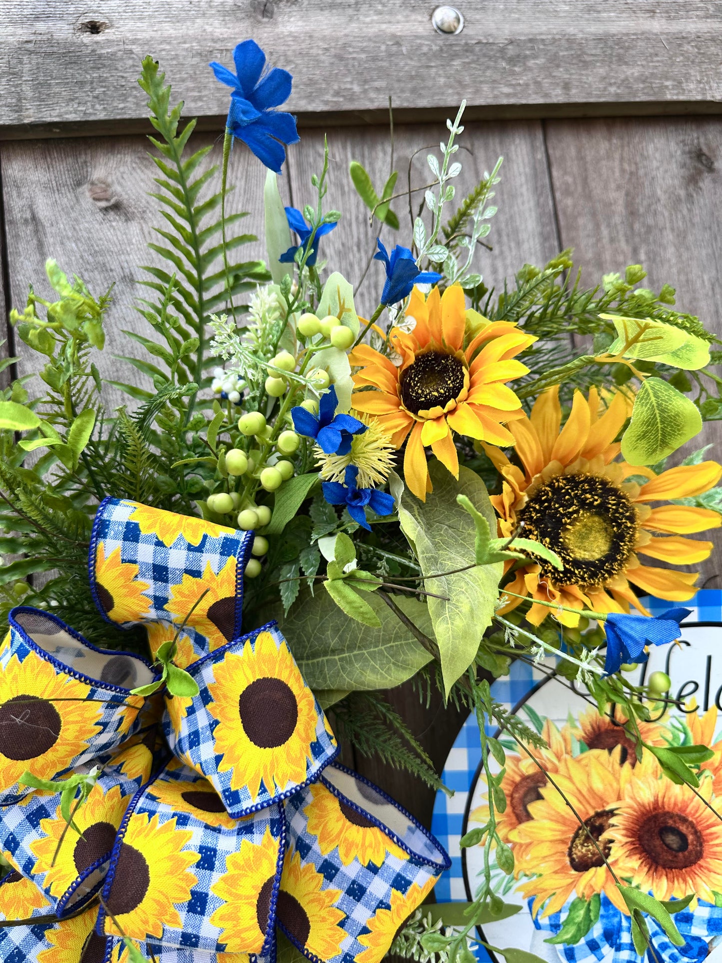 BLUE, WHITE, AND YELLOW SUNFLOWER WREATH