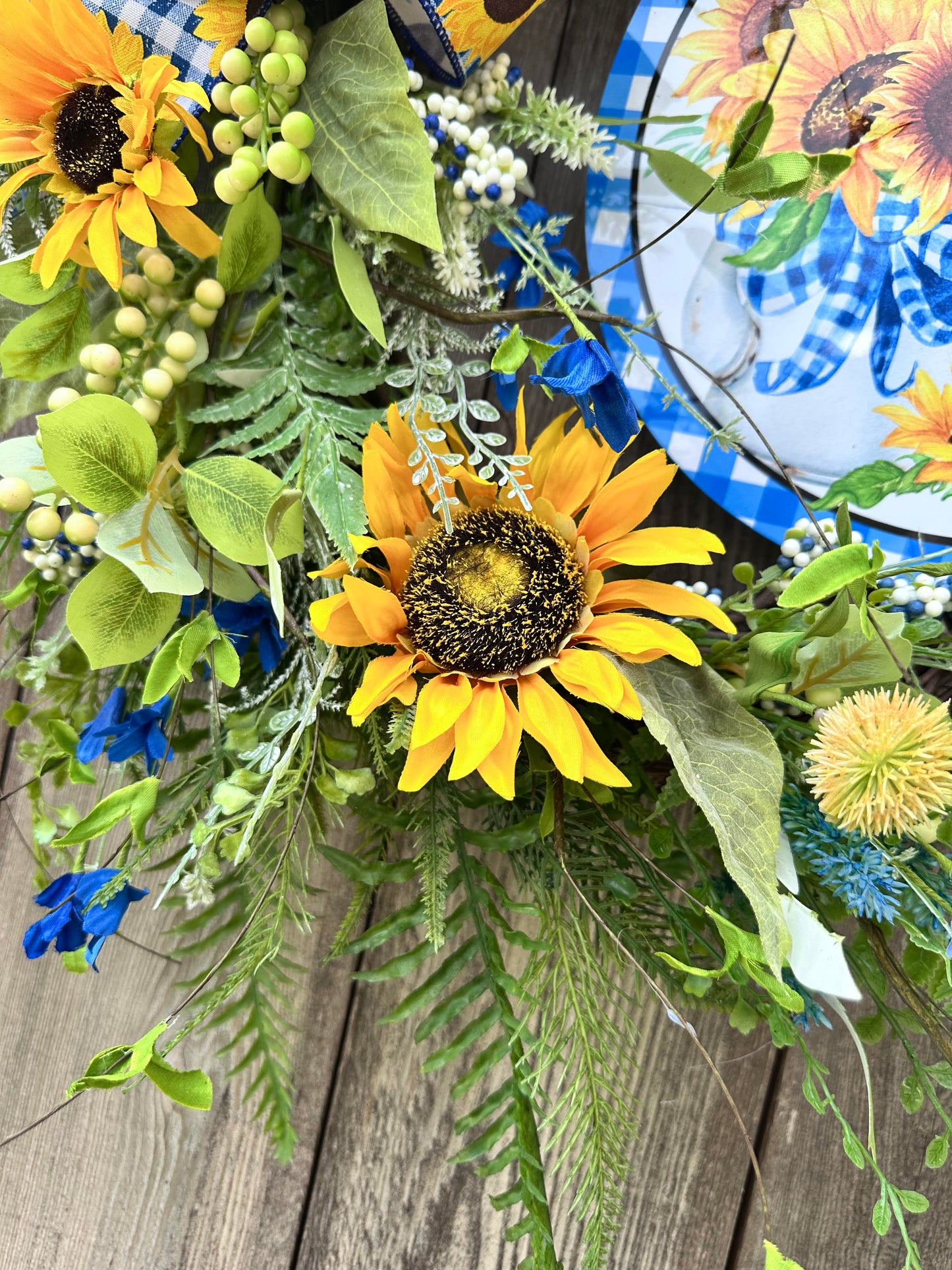BLUE, WHITE, AND YELLOW SUNFLOWER WREATH