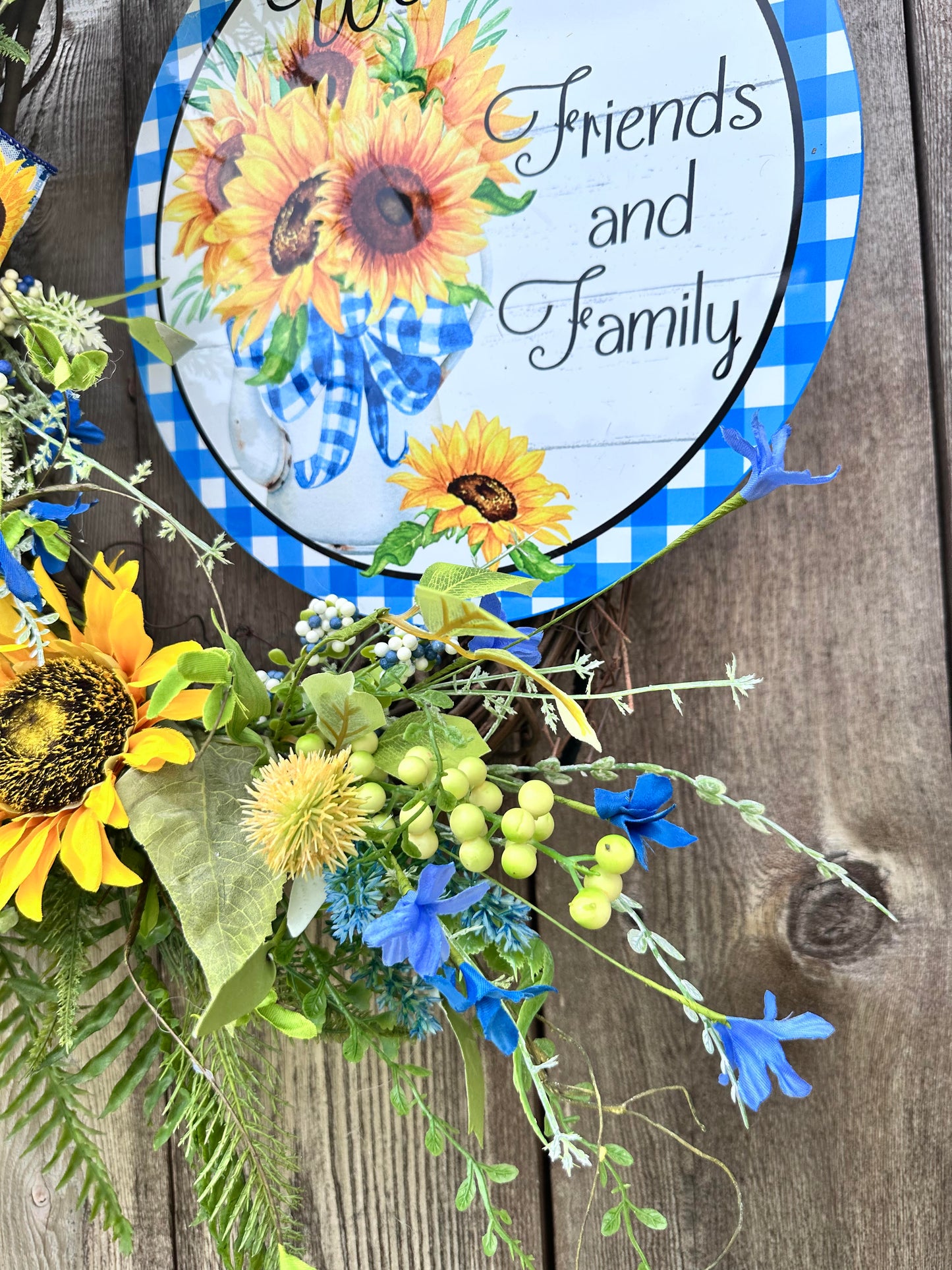 BLUE, WHITE, AND YELLOW SUNFLOWER WREATH